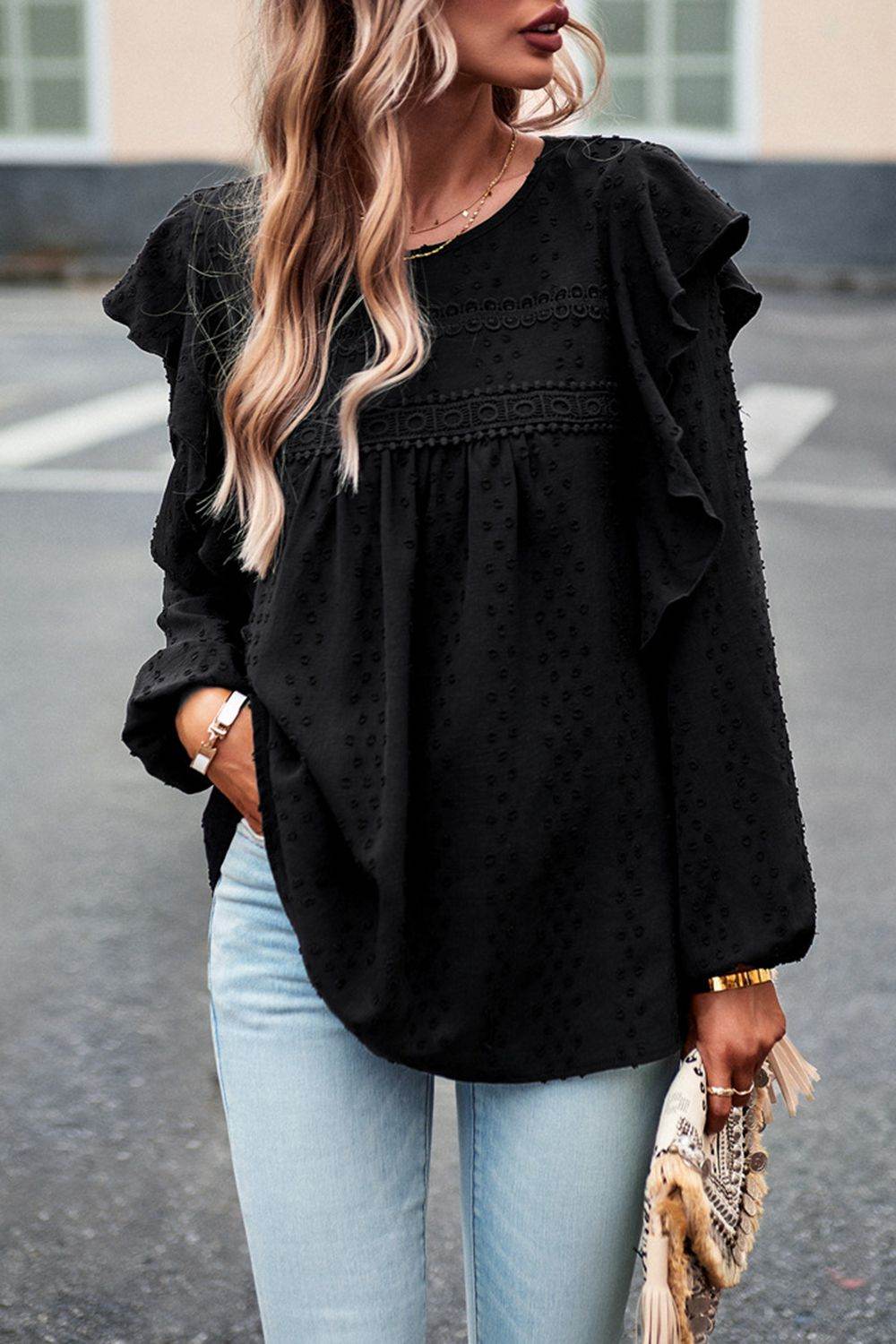 Devine Ruffle Trim Balloon Sleeve Blouse Trendsi cf12ef65ab7e44a89a42c5dd3ce08988-Max
