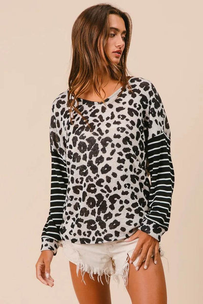 BiBi Leopard Hacci Knit Twist Back Top With Stripe Sleeve Trendsi cf1d8c48519e43f58223102eccbe9020-Max-Origin