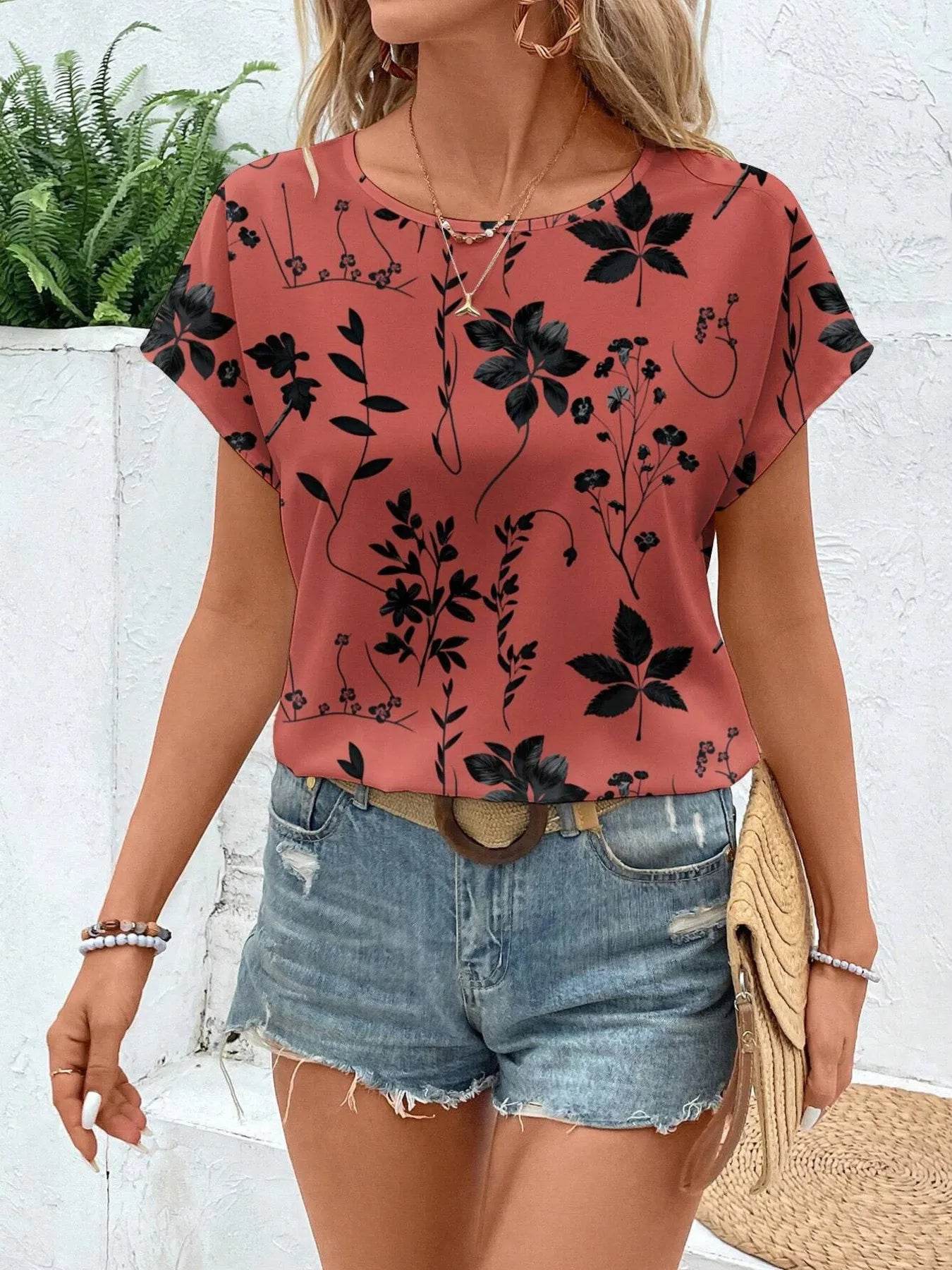 Printed Round Neck Short Sleeve Blouse Trendsi cf3be55397fc479a92efb33361657e95-Max-Origin
