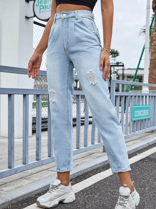 Distressed Straight Jeans with Pockets Light Trendsi cf6b5c2c-3f77-4f70-aa1f-fbe5294489cd-Max