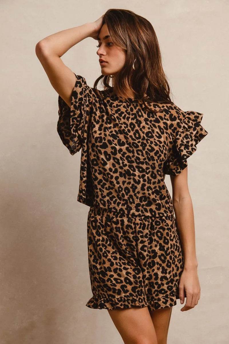 BiBi Leopard Print Waffle Texture Layered Ruffle Sleeve Top and Shorts Set Trendsi cf8fc039ad5c433eb7ec84d4e24dcefd-Max-Origin