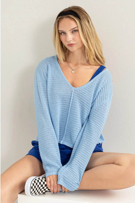 HYFVE V-Neck Stripe Texture Long Sleeve Top BABY BLUE Trendsi cf90bf80-b4e0-4609-869c-0aff72c273e8-Max