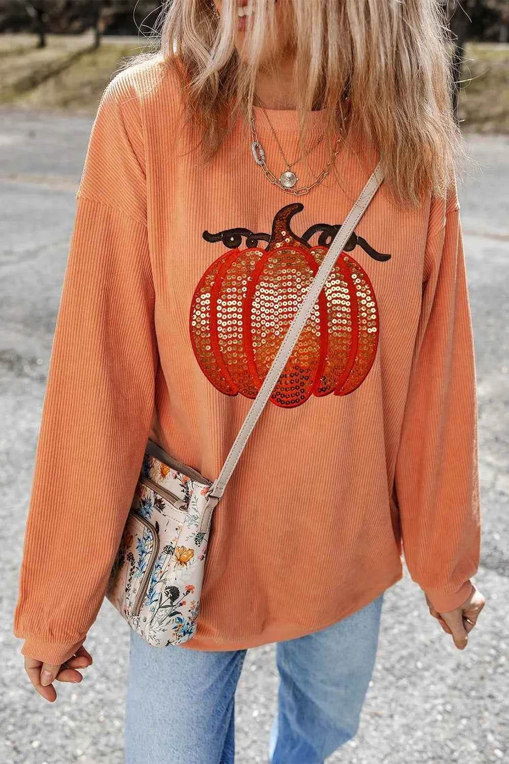Sequin Pumpkin Round Neck Long Sleeve Sweatshirt Trendsi cf9342de-40d0-44e6-b709-fcf0139cc072-Max