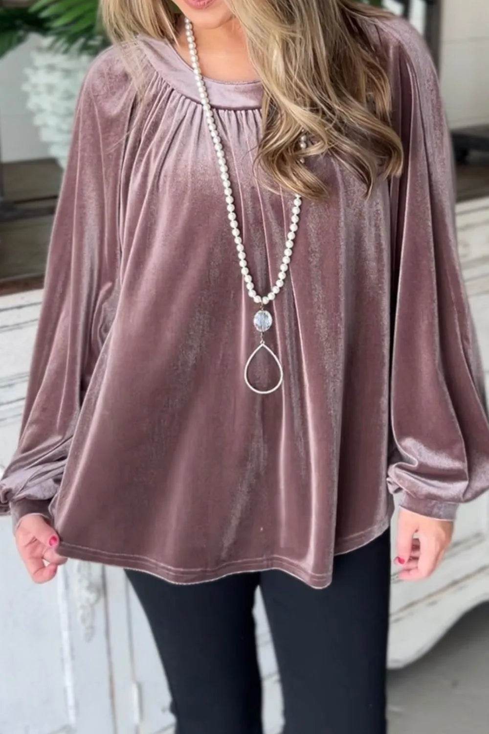 Ruched Round Neck Raglan Sleeve Blouse Lilac Trendsi cfd2e00c0f0d4a18bcbf7847b6693e84-Max