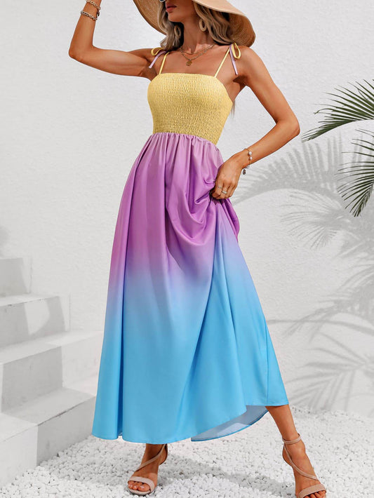 Honey Color Block Tie Shoulder Smocked Maxi Dress Multicolor Trendsi cfe2c845bfe3412e9f62fb8c7f41a768-Max