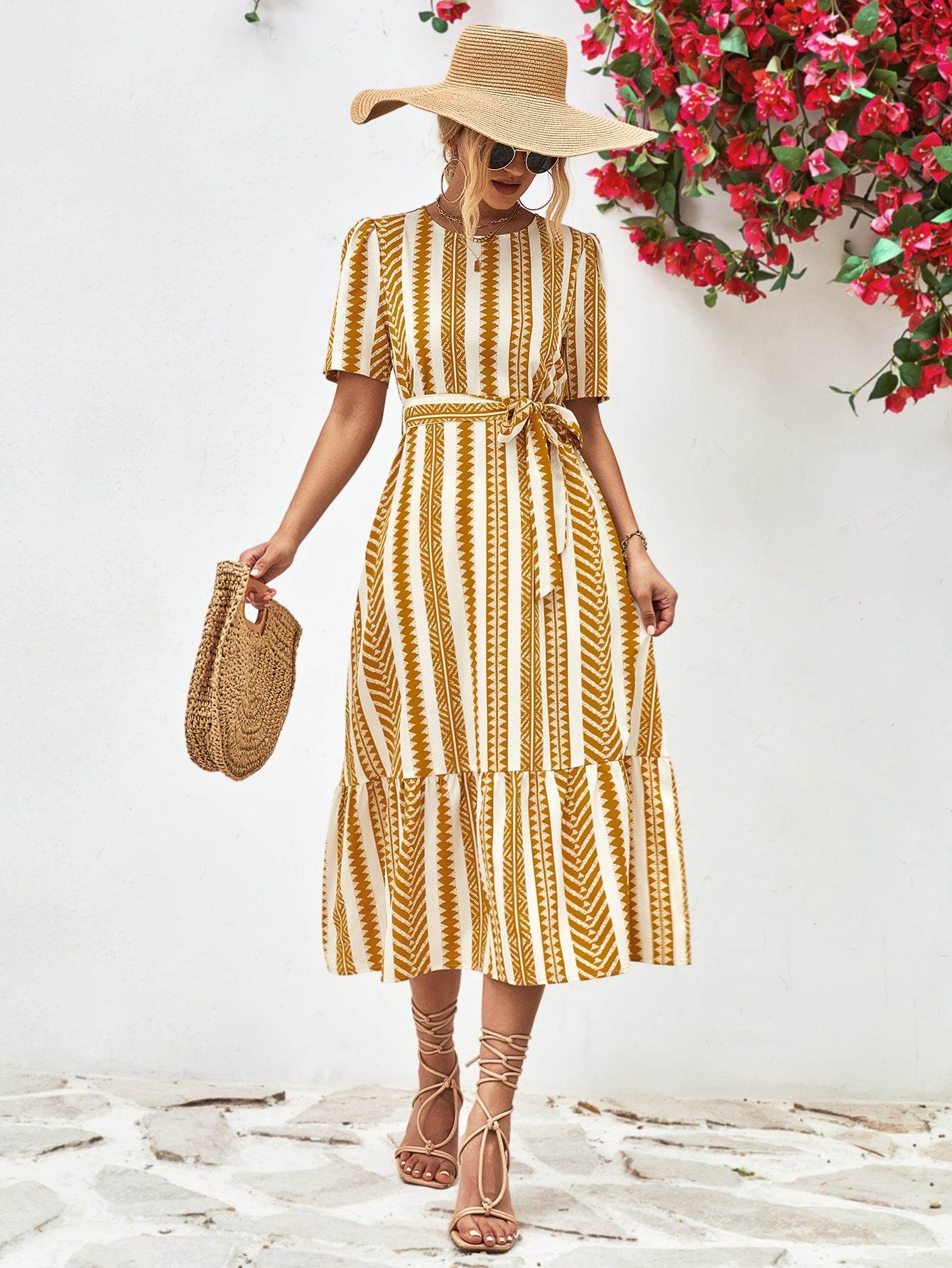 Striped Tie Belt Round Neck Puff Sleeve Dress Gold Trendsi cfe34d32cd314a018348243145af3c66-Max