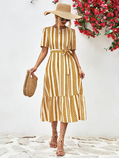 Striped Tie Belt Round Neck Puff Sleeve Dress Gold Trendsi cfe34d32cd314a018348243145af3c66-Max
