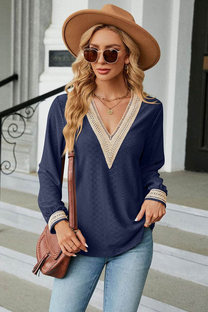 V-Neck Long Sleeve Blouse Dark Blue Trendsi d00d35b84b8742d7ae2621346ef3ea8d-Max