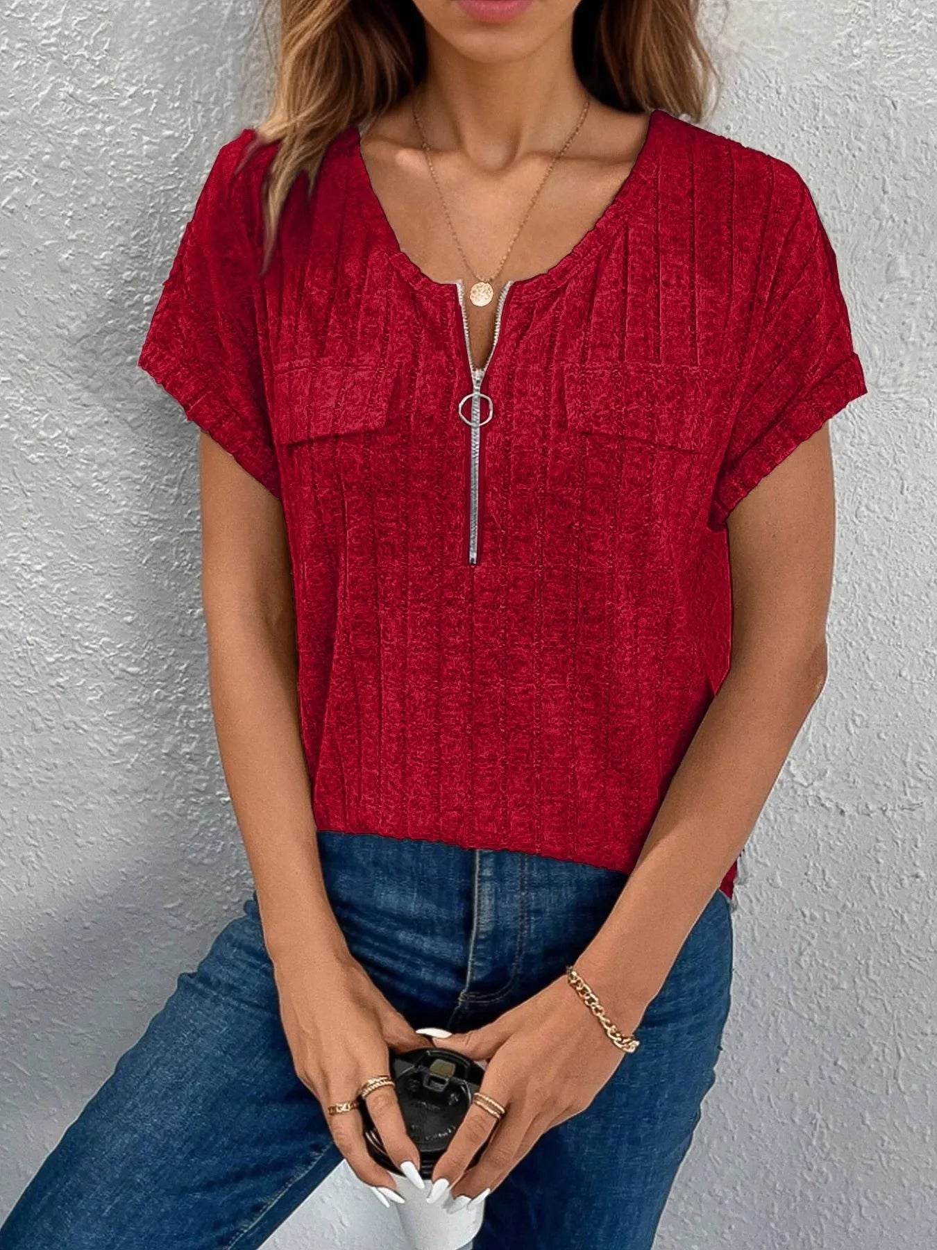 Zip-Front Short Sleeve T-Shirt Burgundy Trendsi d0118c5d7c5540809ac9f7adcc45cfbb-Max-Origin