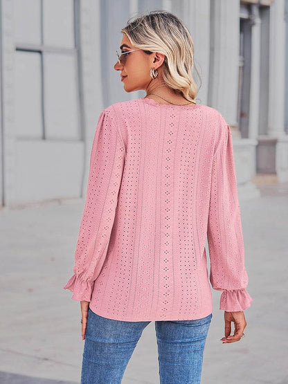Eyelet V-Neck Flounce Sleeve Blouse Trendsi d011b6b6b42548c481da270c60cc85ef-Max