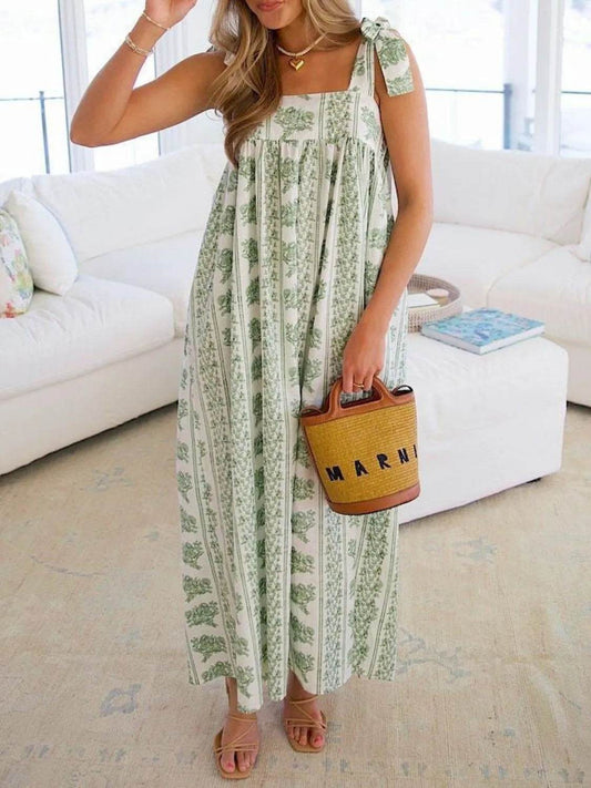 Printed Tie Shoulder Square Neck Midi Dress Light Green Trendsi d01598ac-8c1d-4574-b080-850ecfc01450-Max-Origin