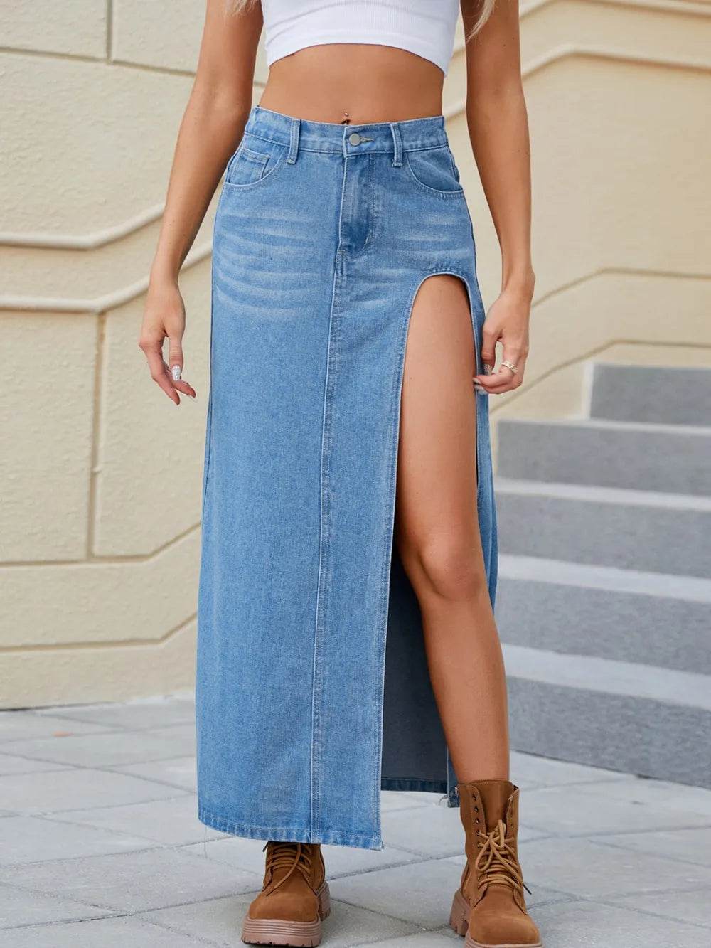 Slit Buttoned Denim Skirt with Pockets Trendsi d0433c27-a41c-4cf7-b5f4-66451da66982-Max