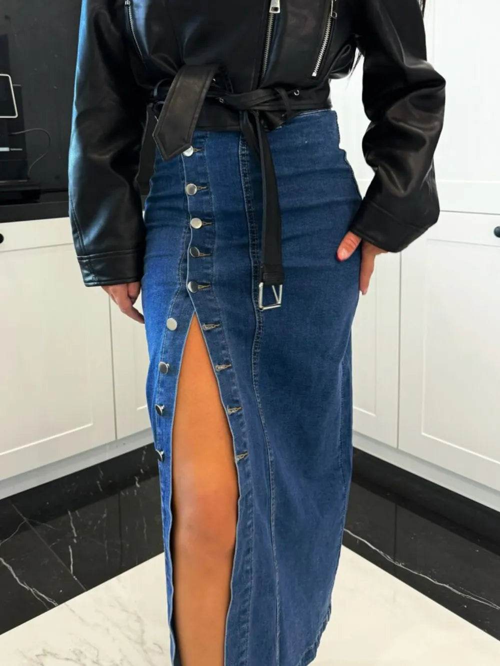 Front Button Slit Midi Denim Skirt Trendsi d0541ce7-d68d-4503-b95a-5add4a4990da-Max