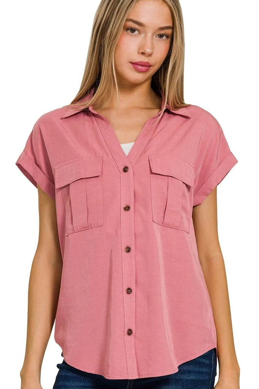 Zenana Tencel V-neck Collared Top W Front Flap Pockets DUSTY ROSE Trendsi d06cc4cb-3180-48d5-9540-dcfb2ee64fd9-Max-Origin