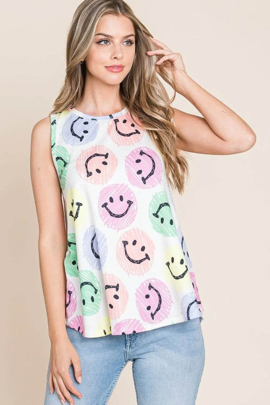 BOMBOM Smiley Face Round Neck Tank Ivory Trendsi d06cfb59-cb14-4ea3-9450-ad35e0b85b0e-Max