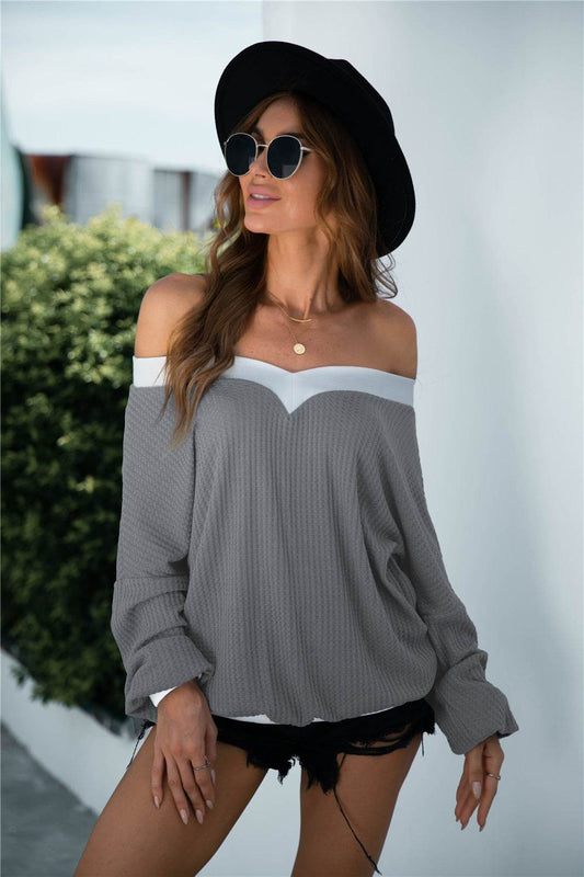 Off-Shoulder Waffle-Knit Dropped Shoulder Blouse Dark Gray Trendsi d0905c23173c450fa573f07de9f12929-Max