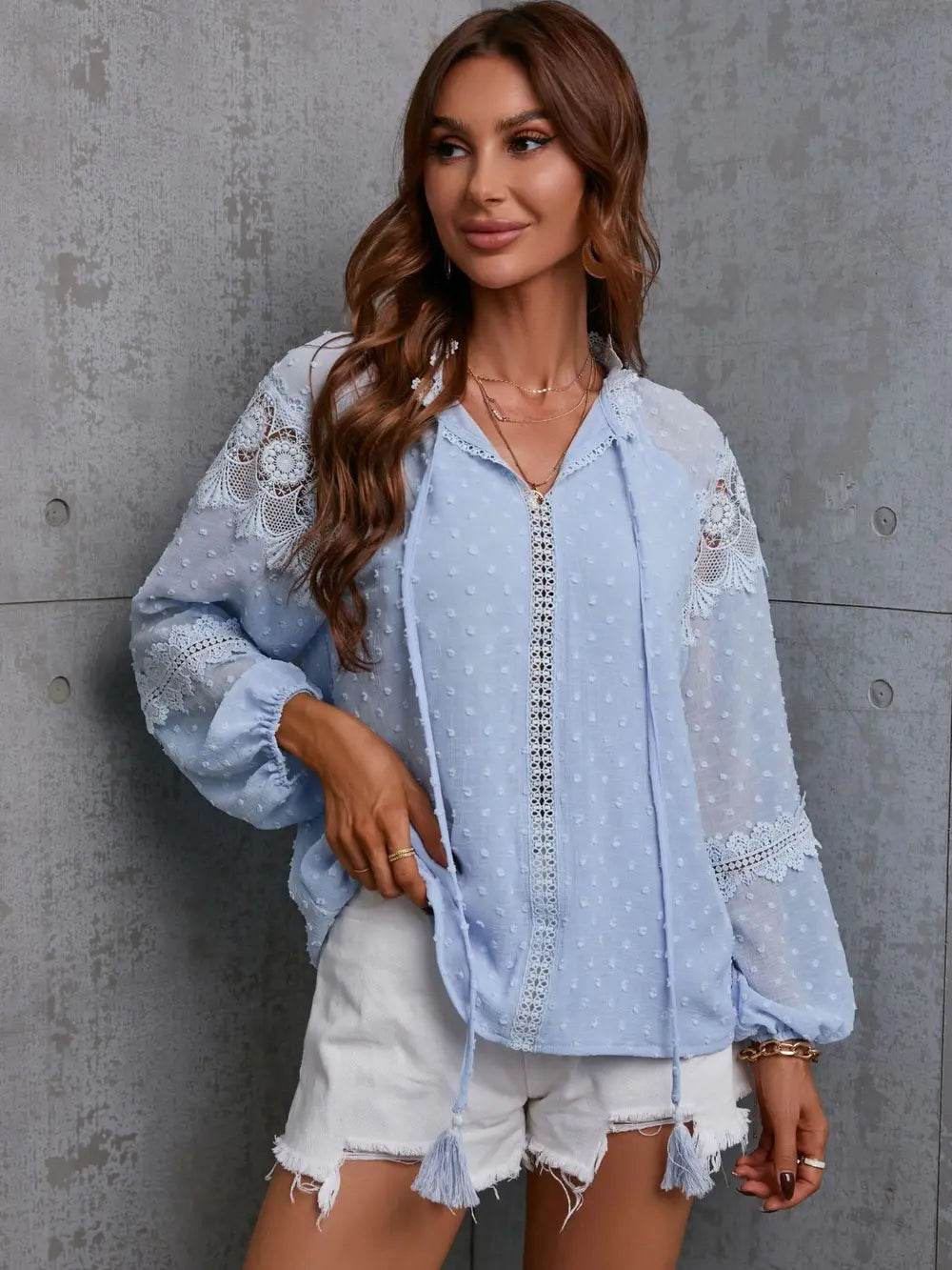 Crochet Tassel Tie Neck Long Sleeve Blouse Trendsi d093e75e519c403bb82e076d7adec2b2-Max
