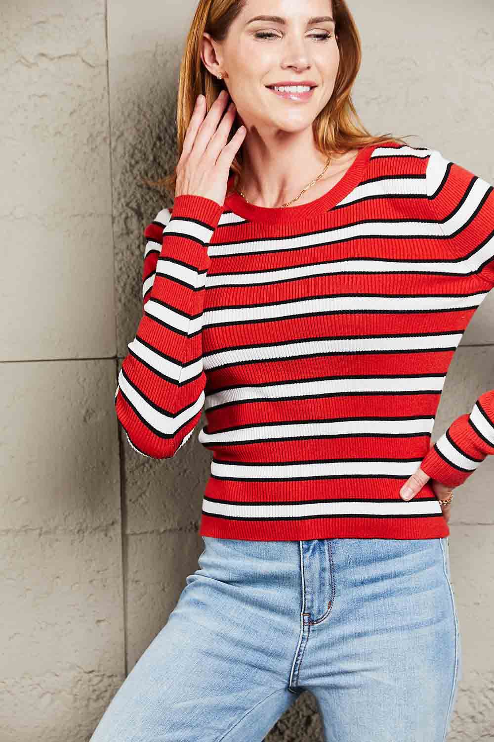Striped Round Neck Long Sleeve Top Trendsi d0c91336c70f4678b726472a6b888830-Max