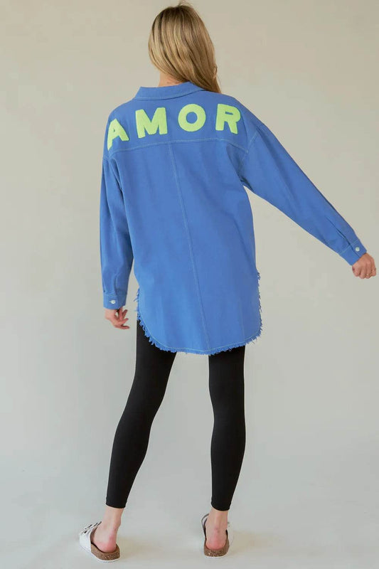 Davi & Dani Letter Back Raw Hem Half Button Shirt Blue Trendsi d0d04ad9-b8d9-433f-b796-c9977b362c8c-Max
