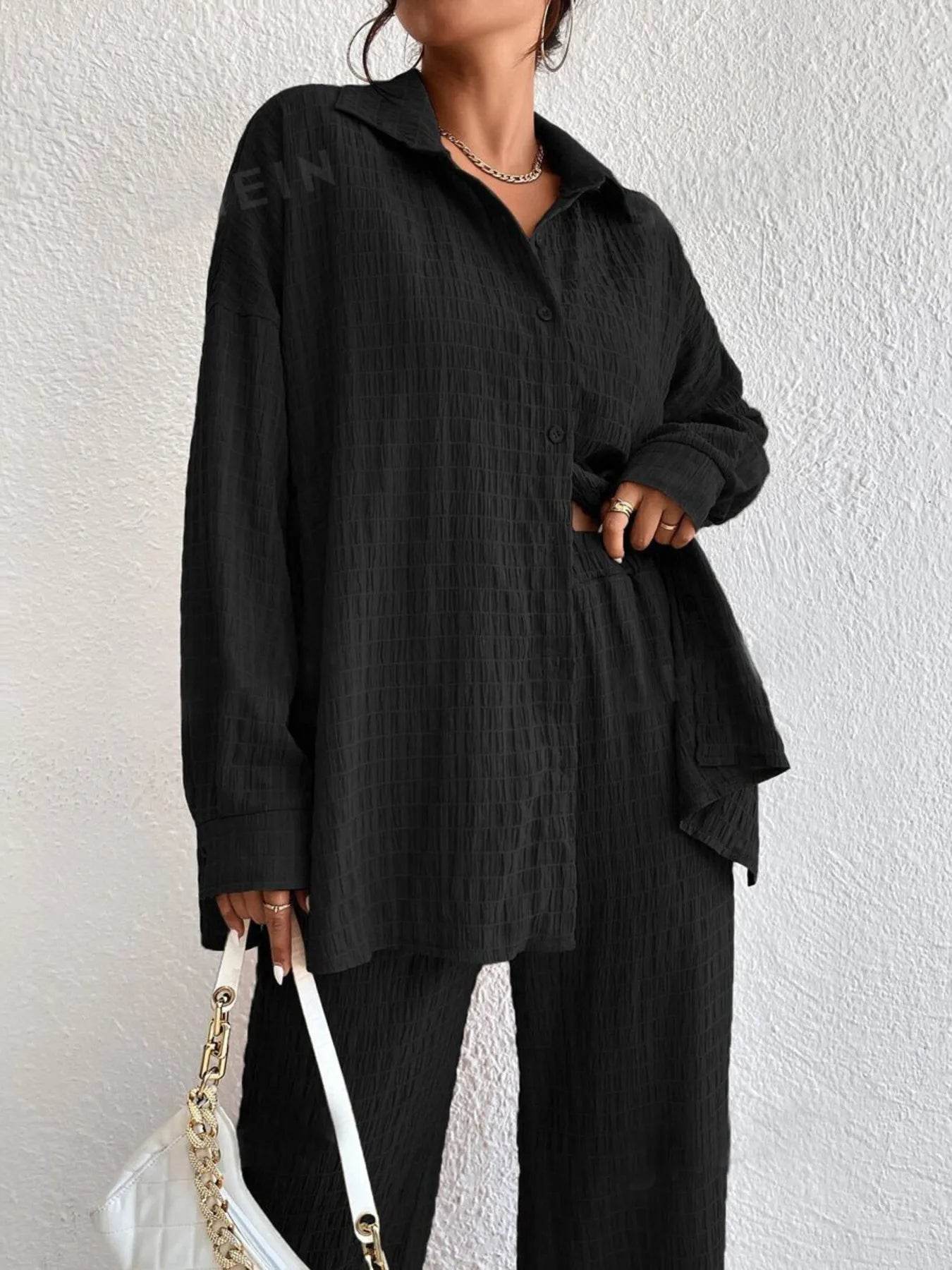 Button Up Long Sleeve Shirt and Pants Set Camel Trendsi d1004f126ad74a8394a1029a59445944-Max-Origin