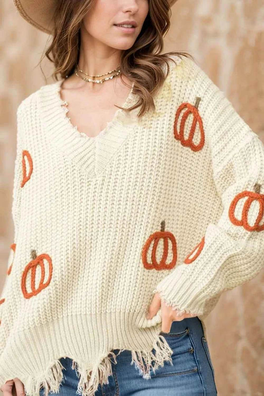 Raw Hem Pumpkin V-Neck Long Sleeve Sweater Beige Trendsi d1067002-ca9a-43de-b877-f2006f8bad7a-Max