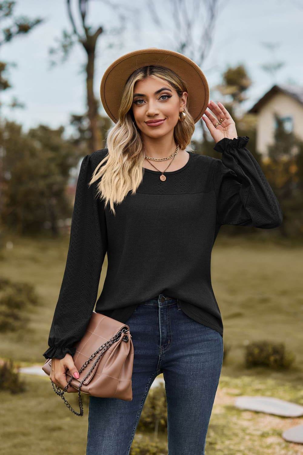 Round Neck Puff Sleeve Blouse Black Trendsi d12cded888204f0d868d99718334db9f-Max