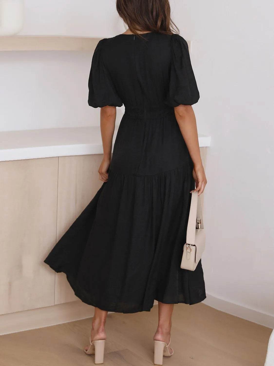 V-Neck Puff Sleeve Midi Dress Trendsi d14c7d91-c8a6-4662-b0af-68fdc96d353e-Max-Origin