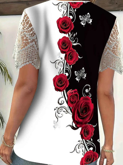 Full Size Printed Lace Sleeve V-Neck T-Shirt Plus Size Trendsi d1673b44e2f44411b2f01f478999adeb-Max-Origin