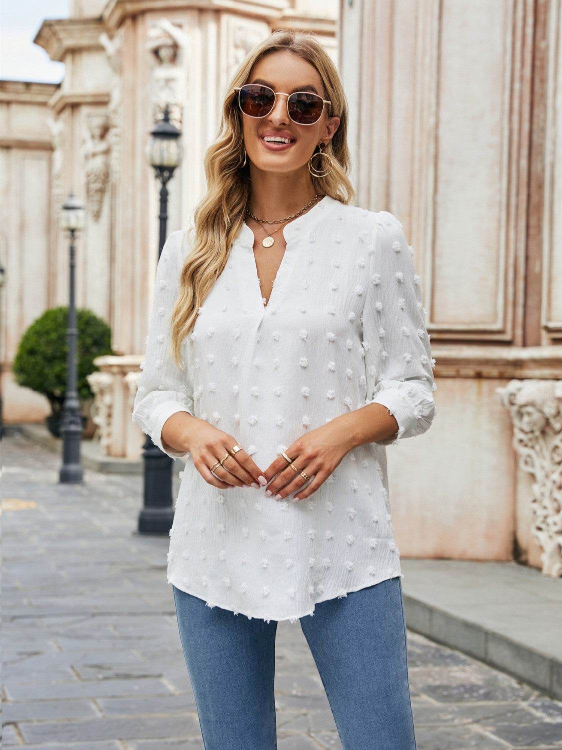 Swiss Dot Notched Neck Blouse Trendsi d1683daa54f84d06b2f00e1011b69df1-Max