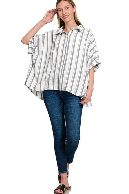 Zenana Woven Yarn-Dye Stripe Oversized Button Down Shirt Trendsi d1b2609deeff480094f1413ea92df191-Max-Origin