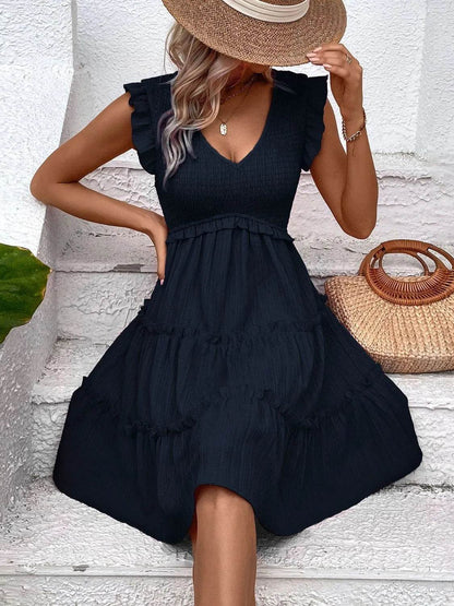 Ruffled V-Neck Cap Sleeve Dress Trendsi d208372d-16ac-4f14-9e45-711c178daef3-Max-Origin
