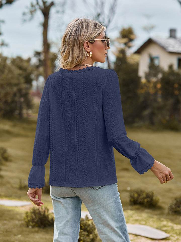 V-Neck Flounce Sleeve Blouse Trendsi d20d58d25300463eb77063fc4b53f2e8-Max