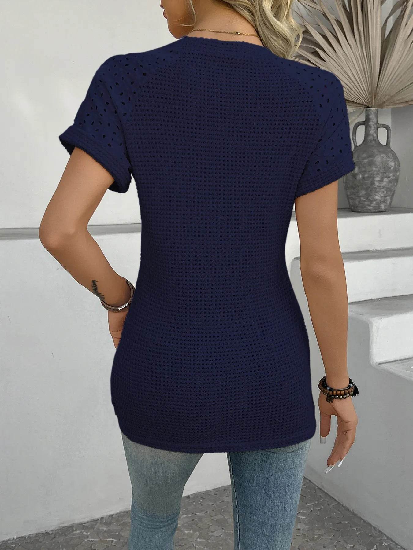 Hollow Out Waffle Knit Short Sleeve T-Shirt Trendsi d21b37c337344433940683ead84a0c05-Max-Origin