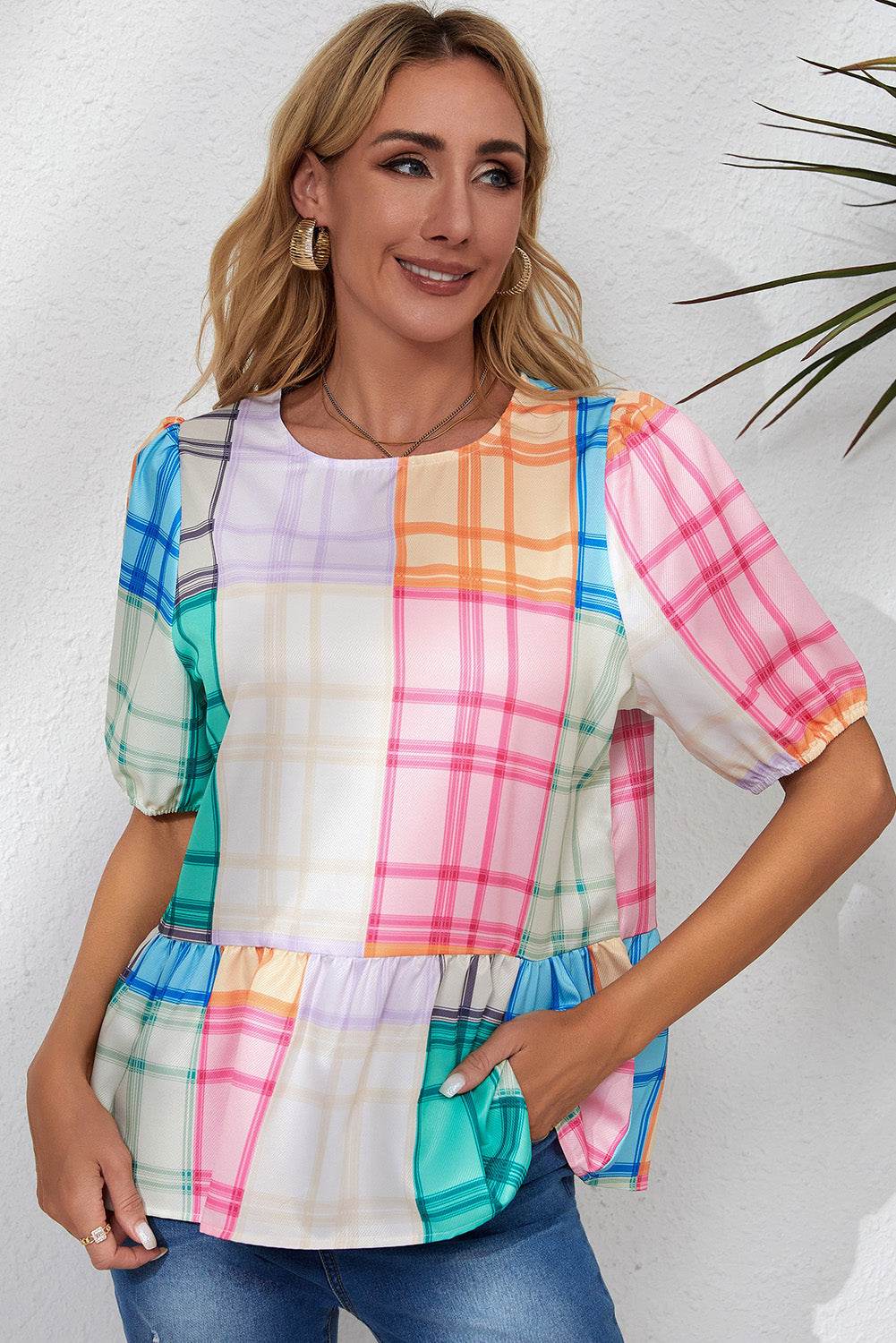 Round Neck Puff Sleeve Plaid Blouse Trendsi d21c966545984c79bebe351876b89253-Max