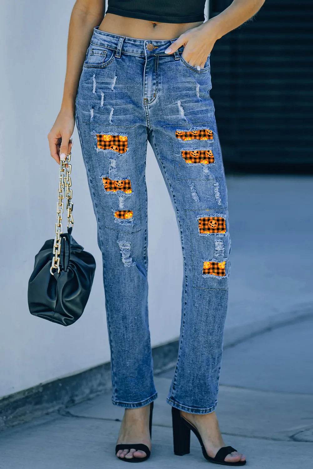 Distressed Pumpkin Pattern Jeans with Pockets Trendsi d262d9d9-8159-42e6-9c57-8377e11c6914-Max