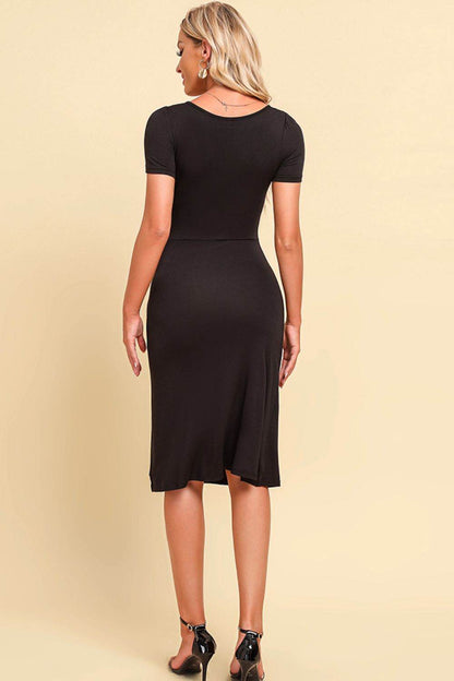 Ruched Sweetheart Neck Short Sleeve Slit Dress Trendsi d267174246da4c1799976f2ba1e2e4d3-Max