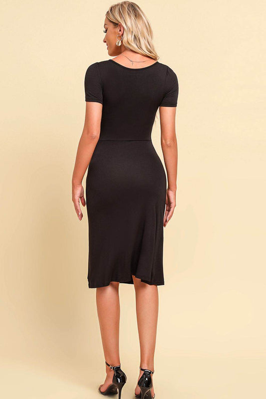 Ruched Sweetheart Neck Short Sleeve Slit Dress Trendsi d267174246da4c1799976f2ba1e2e4d3-Max