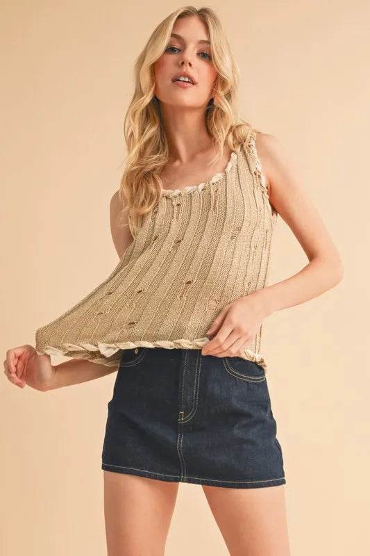 Aemi+Co Distressed Detail Round Neck Knit Tank Trendsi d26e4f5f251242e895e090e547256542-Max-Origin