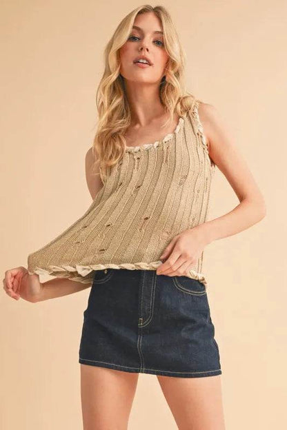 Aemi+Co Distressed Detail Round Neck Knit Tank Trendsi d26e4f5f251242e895e090e547256542-Max-Origin