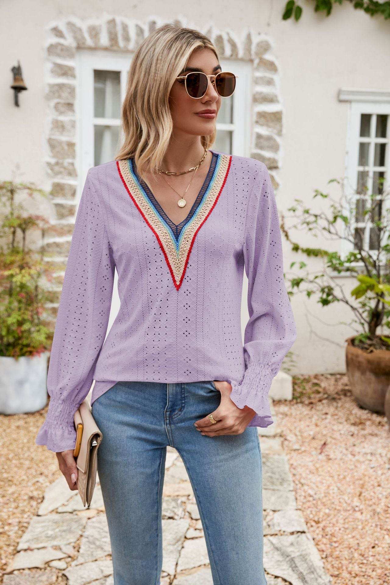 Eyelet Flounce Sleeve V-Neck Blouse Lavender Trendsi d281f0f0fbd741aa8b5cc6c1736bea55-Max