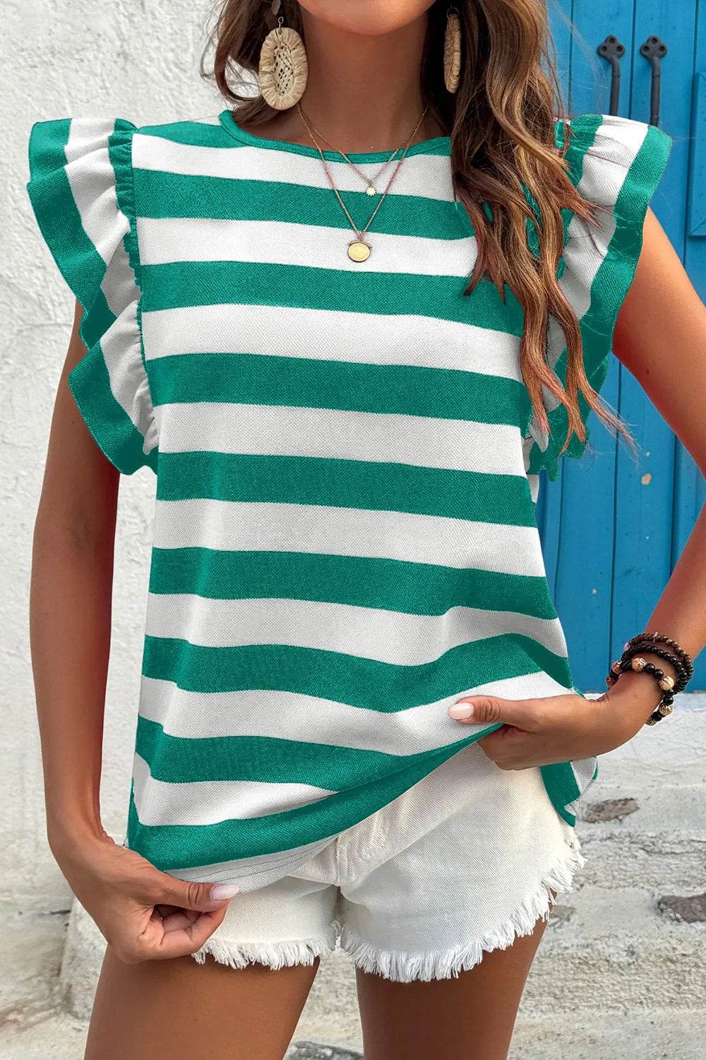Ruffle Sleeve Striped T-Shirt Trendsi d28cf457-ef6b-4ceb-9808-4aff8378bb7a-Max-Origin
