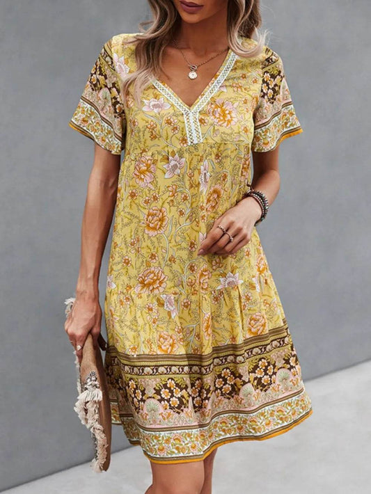 Floral Print V-Neck Summer Dress Pastel Yellow Trendsi d295d6a3-bc60-459a-8b62-496c4b986a8b-Max