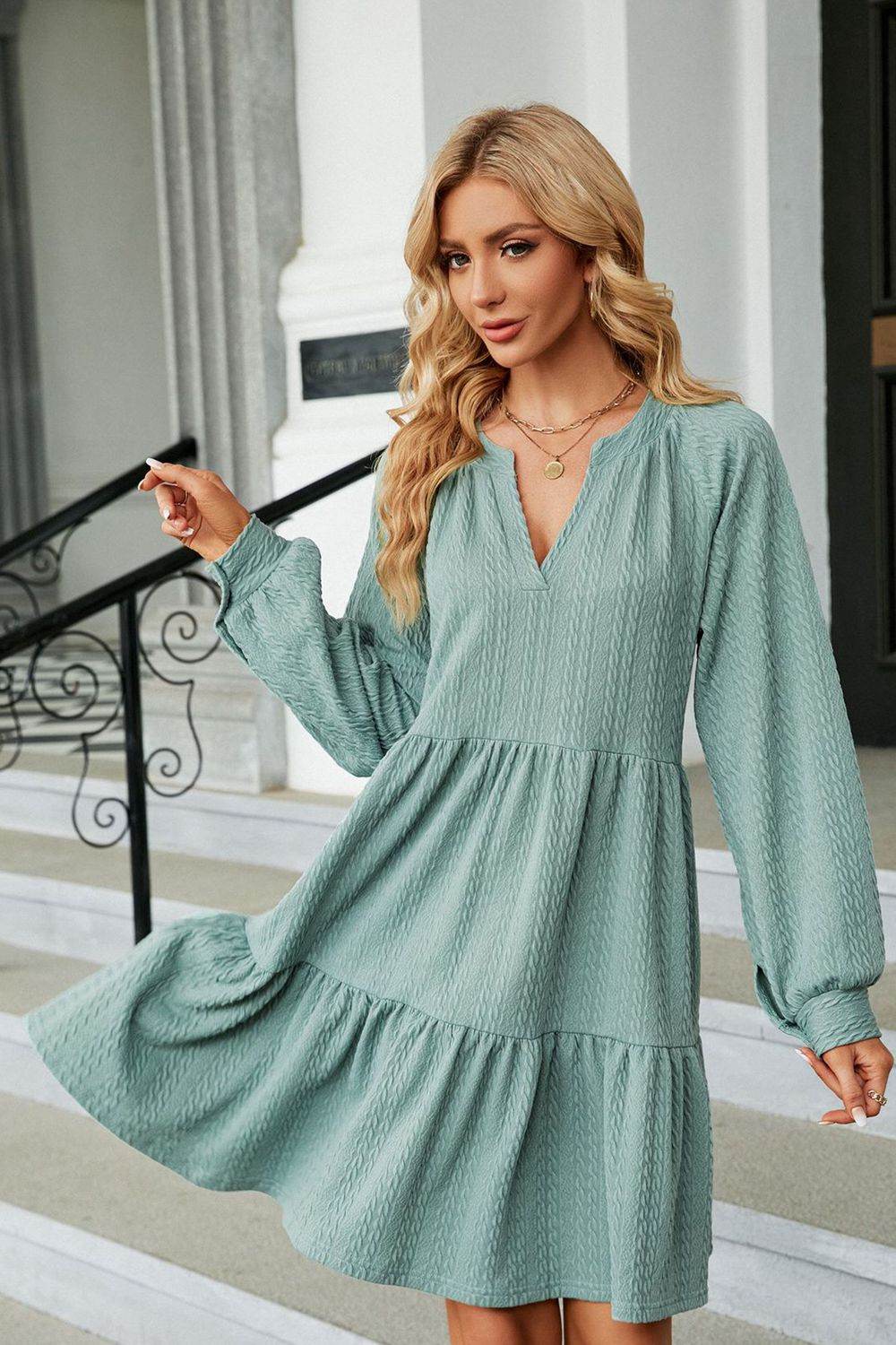 Notched Neck Long Sleeve Mini Dress Trendsi d29788879de64cfc824cd83d382e566a-Max