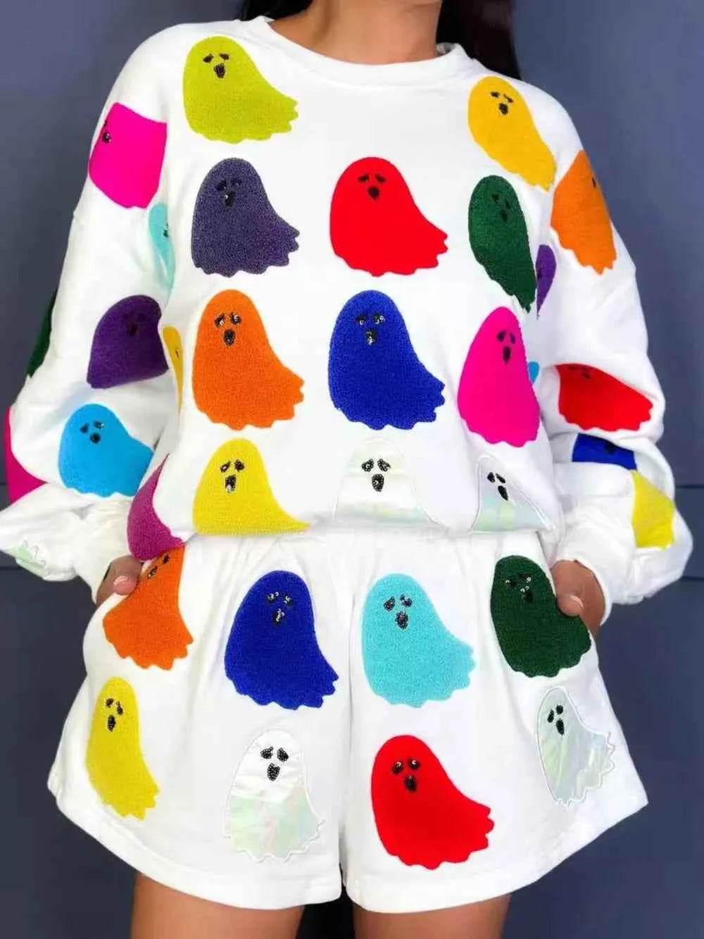 Ghost Printed Round Neck Long Sleeve Top and Shorts Set White Trendsi d2c328b4-b43e-4ac6-81da-e6a905c76cb3-Max