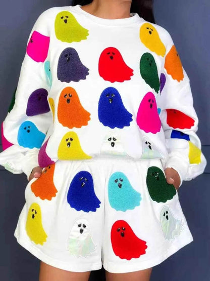 Ghost Printed Round Neck Long Sleeve Top and Shorts Set White Trendsi d2c328b4-b43e-4ac6-81da-e6a905c76cb3-Max