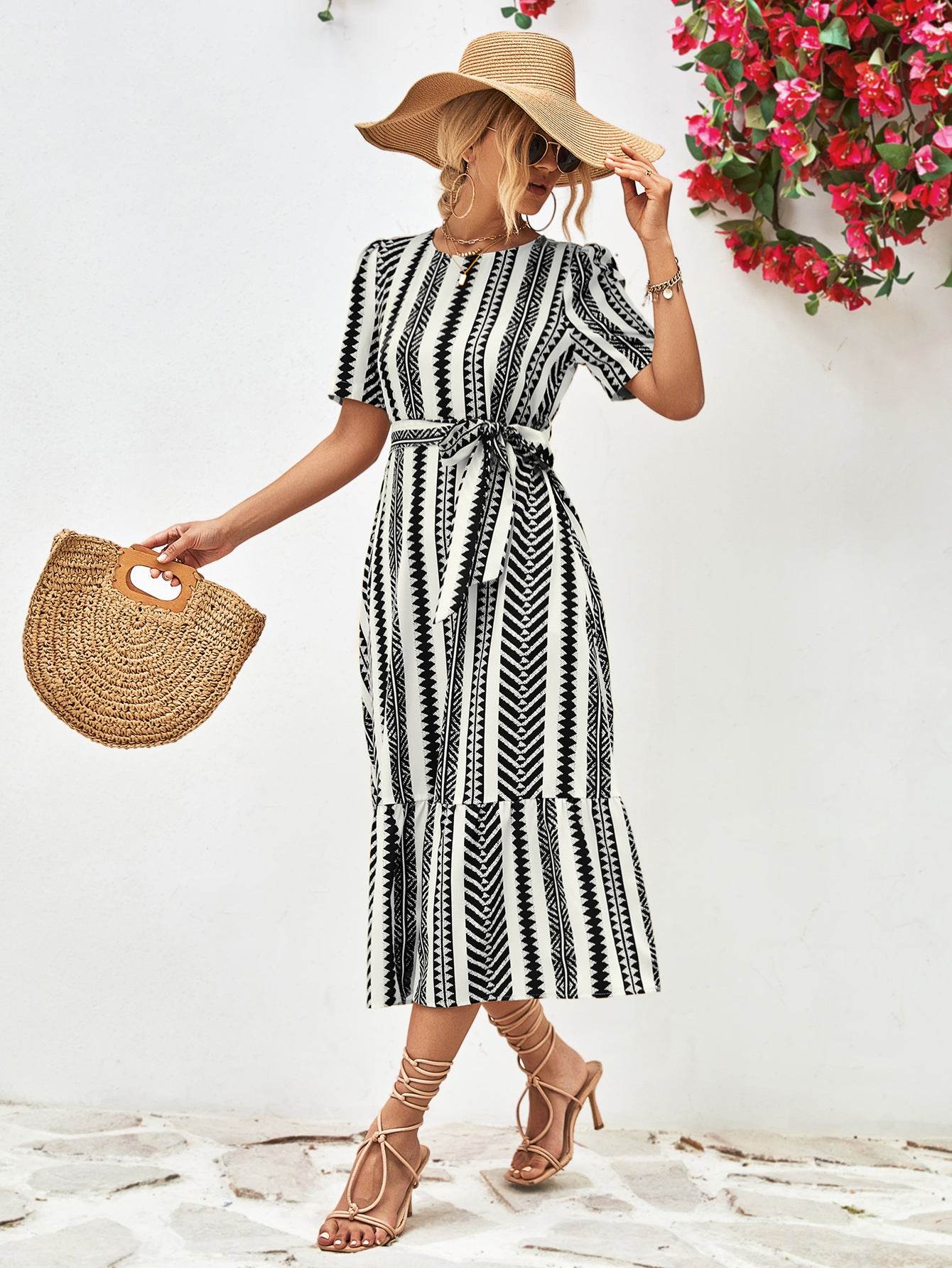 Striped Tie Belt Round Neck Puff Sleeve Dress Trendsi d2f7d959464a4c35947e62c1df7b3234-Max