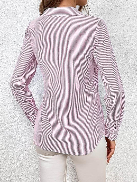 Ivy Lane Bow Tie Waist Johnny Collar Neck Striped Blouse Trendsi d326b93264d44796bbebfbcd0c926268-Max