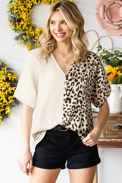 Leopard Color Block V-Neck Blouse Tan Trendsi d32c06d7ed424271a1824984161e6f74-Max