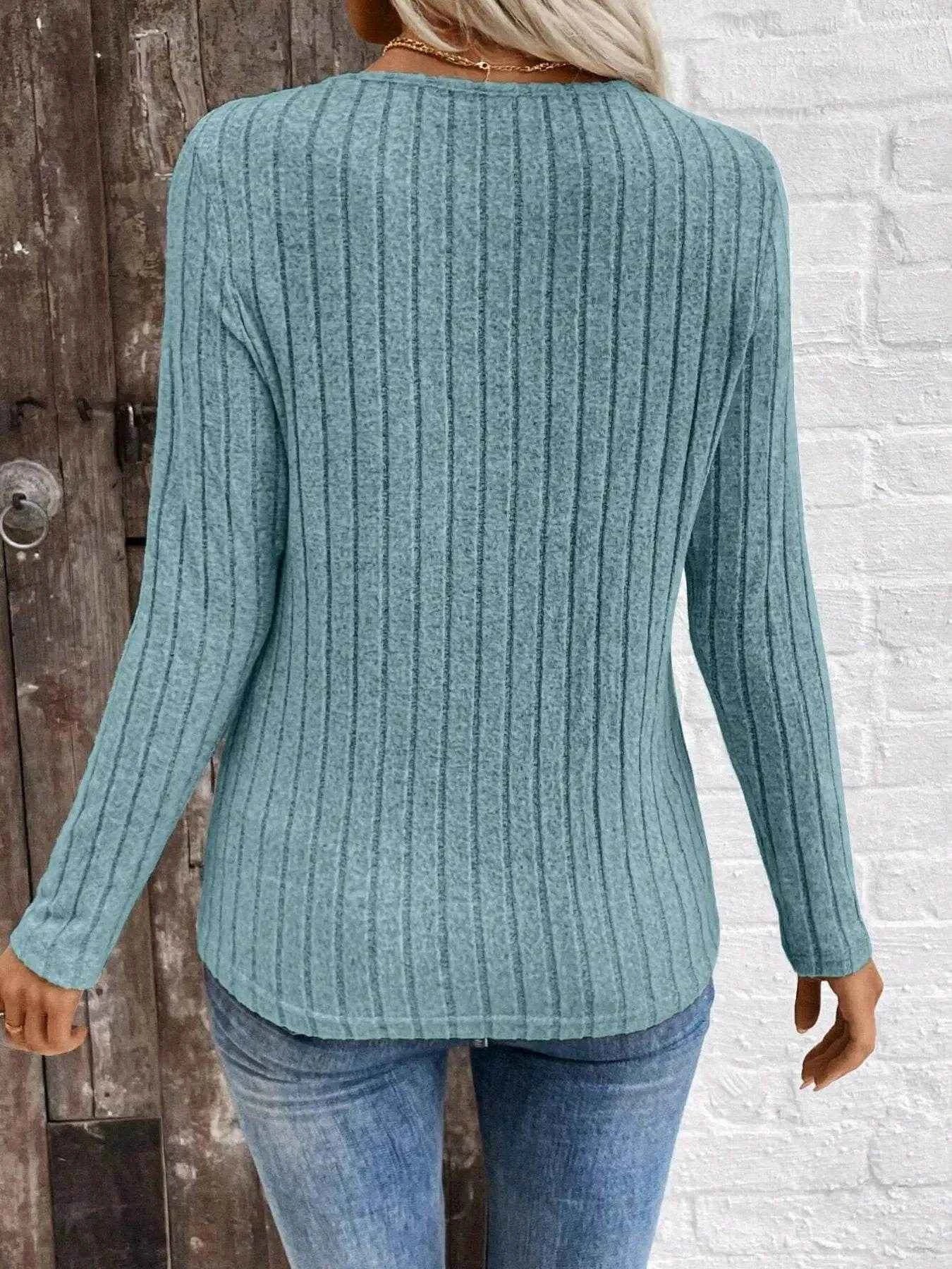 Ribbed V-Neck Long Sleeve Knit T-Shirt Trendsi d33b0659c97541cf83a54050c76c0484-Max-Origin