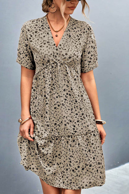 Ditsy Floral Empire Waist Plunge Short Sleeve Dress Khaki Trendsi d37b4423b0704f2fbad16e6f5af0f4b4-Max
